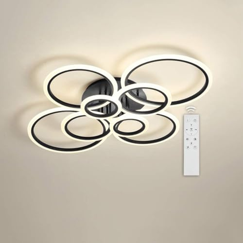 Modern 94W LED Deckenleuchte Wohnzimmerlampe Dimmbar 3000-6000K Deckenlampe mit Fernbedienung, schwarz 8 Kreise Design Pendelleuchte aus Acryl für Wohnzimmer Schlafzimmer Esszimmer lampe, 100*80*12cm