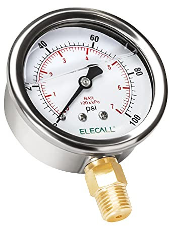 ELECALL 100psi Silicone Oil Filled Pressure Gauge for Water Oil Air Pressure Test in Pool Pump Sand Filter Air Compressor Water System, 2-1/2 Stainless Steel Case, Lower Mount 1/4 NPT