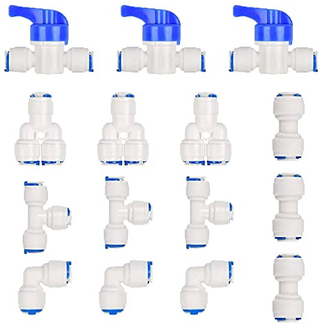 RO Wasserfilter Fitting, 15 Pcs 1/4 Adapter Fitting Verbindungsstück, Schlauchverbinder Kühlschrank, Wasserfilter Anschluss für Kühlschrankschlauch Wasserschlauch(Y+T+I+L Typ Combo + Absperrventil)