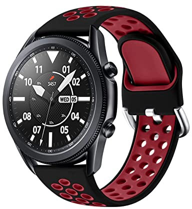 JUVEL Compatible with Samsung Galaxy Watch 3 45mm/46mm Strap, Dual Colour 22mm Silicone Breathable Sport Replacement Straps for Huawei Watch GT 3 46mm, Large, BlackRed