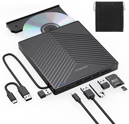 ORIGBELIE Masterizzatore DVD CD Externo, Lettore CD DVD Esterno, USB 3.0 con 4 Porte USB e 2 Lettore di Schede TF/SD, Ultra Sottile Unità CD/DVD Esterna per Laptop Windows 11/10/8/7/XP/Vista Linux Mac