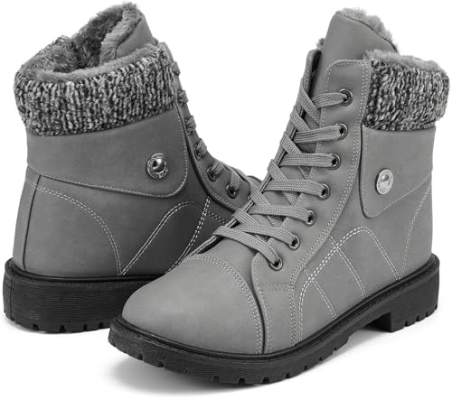 yageyan Womens Winter Snow Boots Warm Fur Lined Winter Water-resistan Ankle Booties Zipper Anti-Slip Combat Boots(Grey9)