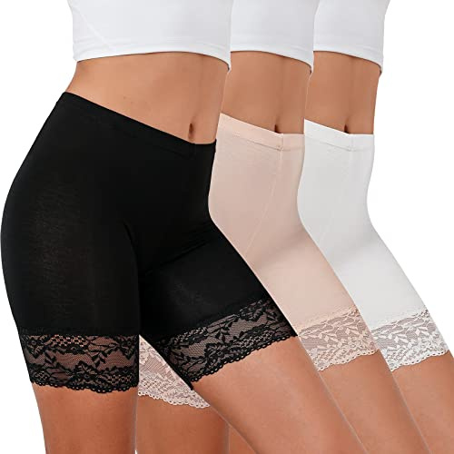 Anti Frottement Dentelle Panty Femme Short sous Robe, Shorts de sécurité Legging sous Jupe Stretch, Cyclisme Boxer Yoga Caleçon sous-Vêtements Garniture (3 pièces - Noir, Beige, Blanc, L)