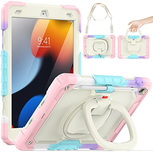 SEYMCY Kids Case for iPad 9th/8th/7th Generation 10.2 inch 2021/2020/2019, Full-Body Shockproof with Screen Protector, Rotating Hand Grip Stand, Carrying Strap, Pencil Holder for iPad 9/8/7, Pink