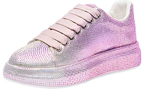 ANUFER Damer mode tjock sula sneakers gnistrande gradientfärger strass snören tvångsfria sportskor, ROSA, 39.5 EU