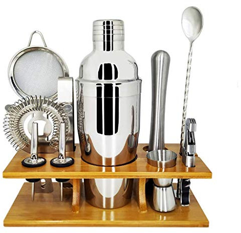 Juego de coctelera de 11 Piezas Juego de coctelera de 750 ml con Elegante Soporte de Madera y folleto de Recetas Kit de coctelería hogar con Herramientas de Barra