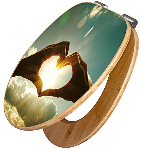 banjado Design WC Sitz Bambus Absenkautomatik 45,8x37,5cm / Toilettendeckel mit Absenkautomatik Holz/hochwertiger Bambus Klodeckel/WC-Sitz für gängigen Toiletten/Motiv Sonne im Herzen