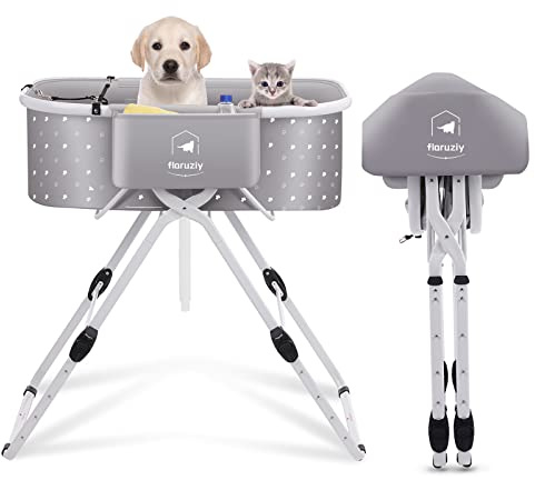 FLARUZIY Baignoire surélevée pour animaux de compagnie, pliable, en 5 hauteurs, avec bonde, portable, pour chiens et chats de petite à moyenne taille, jusqu'à 56 kg, grise