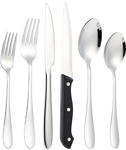 JGJGJG Besteck Set für 6 Personen,36 Teilig Edelstahl Essbesteck Set,Besteck inkl.Messer/Gabel/Löffel/Steakmessern,Spiegelpoliert, Spülmaschinenfest