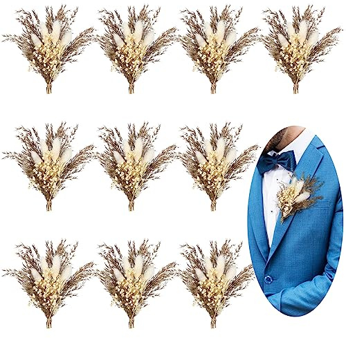 Fabbay 10 Pcs Boho Dried Flower Boutonniere for Men Wedding Mini Dried Flower Bouquet Pocket Boutonniere for Groomsmen Groom Wedding Ceremony Anniversary Dinner Party Decorations