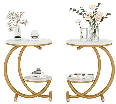 Tribesigns [2 Stück Moderner Beistelltisch mit Kunstmarmor-Tischplatte, 2-stöckiger Beistelltisch mit C-förmigen Metallbeinen für Wohnzimmer, Weiß und Gold, Nachttisch für Schlafzimmer (Rund)