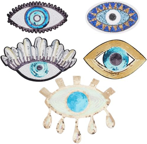 INFUNLY 5 Stück Böse Auge Paillette Patches Eisen Auf Böse Auge Patch Nähen Auf Böse Auge Stickerei Patches Applikation Klebstoff Böse Auge Patches Zum DIY Kleidung Jeans Taschen Hut