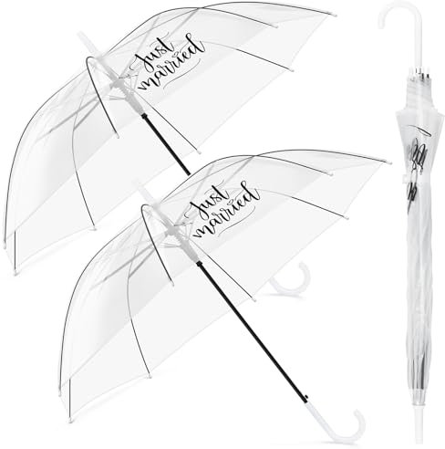 Hestya 2 Pcs 37.4 Inch Clear Umbrella With Just Married Printed Dome - Transparent See Through Umbrella for Wedding, Bridal, Bridesmaid, Ladies Party Supplies