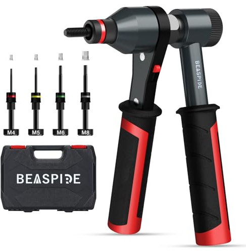 Beaspire Nietmutternzange Set, Profi Nietmutternratsche mit 4 Dornaufsätzen (M4 M5 M6 M8) und 40 Nietmuttern, Einnietmutternzange für Metallbearbeitung, Reparatur und Montage