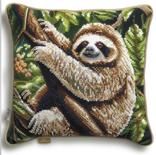 kitphoenix Latch Hook Kissen Kit,Tier Knüpfkissen Set Für Anfänger Erwachsene Oder Kinder Zum Selber Knüpfen,Faultier Liegt Auf Dem BaumDIY Knüpfteppich Knüpfpackung 43 X43 Cm