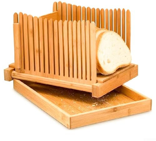 Trancheuse à pain en bois à épaisseur réglable, pliable avec plateau ramasse-miettes, pour pain, fruits, légumes (horizontale)