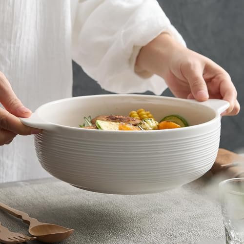 Pevfeciy Salad Bowl Ceramic Large 26 cm Double Ear Design Bowl 1800 ml Soup Bowls Muesli Bowls for Fruit, Ideal as Serving Bowl, Mixing Bowls or Decoration,White