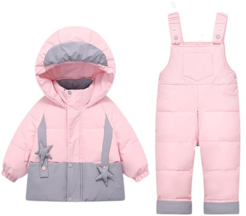 BRONG 2 Stück Baby Schneeanzug Winter Kinder Jacke mit Kapuze Daunen Mantel mit Schnee TräGerhose Wasserdicht Reißverschluss Skianzüge Outfit Satz