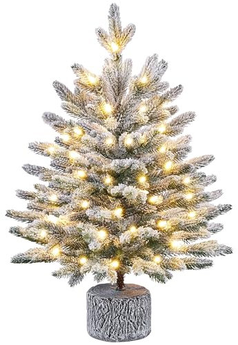 Yaheetech 2ft/61cm Pre-lit Potted Flocked Tabletop Christmas Tree, Mini Snowy Frosted Artificial Spruce Xmas Tree with 35 Warm White LED Lights and 262 PE Branch Tips for Home Porch Decor