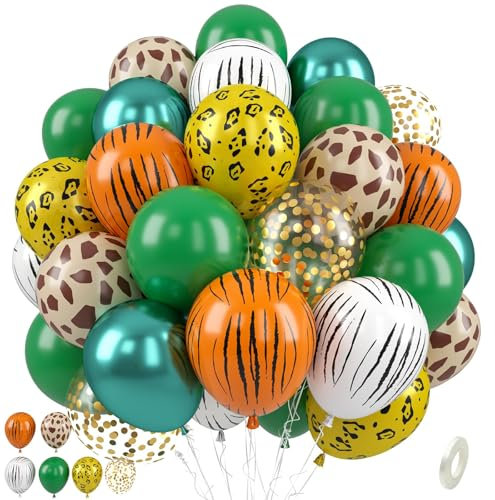 Jungle Safari Balloons - 50 Pcs Animal Print, 12 Inch Dark Metallic Green Gold Confetti Deer Paw Print Tiger Zebra Leopard for Birthday Baby Shower Jungle Safari Party Decorations