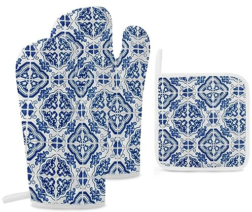 Ofenhandschuhe und Topflappen, 3er-Set, marokkanische portugiesische Fliesen, Wärmehandschuhe und heiße Pads, blaue und weiße Topflappen für Küche, Backen, Kochen, Grillen