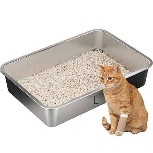 Suhaco Kattlåda i rostfritt stål med hög sidig kattsandbricka stor 60 x 40 x 10 cm kattunge sandbricka enkel rengöring non-stick anti-läckage metall sandpanna