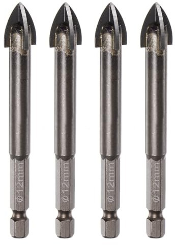 sourcing map Titan-Steinbohrer, 12 mm, Betonbohrer, Keramikfliesenbohrer mit 6,35 mm Sechskantschaft, 85 mm Länge, für Keramik, Fliesen, Marmor, Spiegel, Glas, Beton, Ziegel, Kunststoff, Holz, 4 Stück