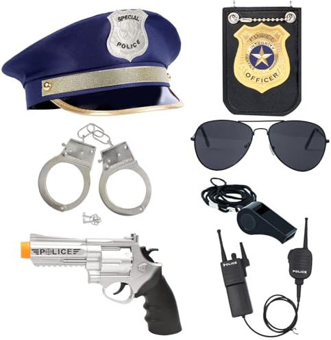 ZUCOS Poliskostym för barn, vuxna, polis handbojor solglasögon märken pojkar flickor karneval detektiv klänning halloweenkostym (B, medium)