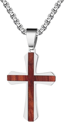OIDEA Collana Croce Legno Acciaio: Ciondolo Crocifisso Battesimo Acciaio Inox con Intarsi in Ebano con 55cm Catena Regolabile - Regalo Preghiera Uomo Donna Pascqua Argento