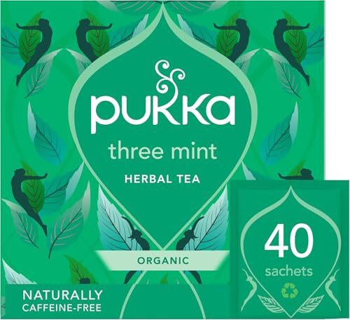Pukka Herbs Three Mint Herbal Tea, 40 Teabags, Caffeine Free, For Digestion | For after meals, Crisp, refreshing, settling infusion, Naturally caffeine-free, organically grown