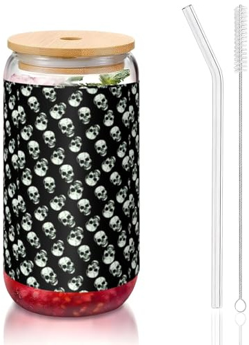YBGHDAA 1 vaso con tapa y pajita, diseño de calavera negra, ideal para whisky, cerveza, té