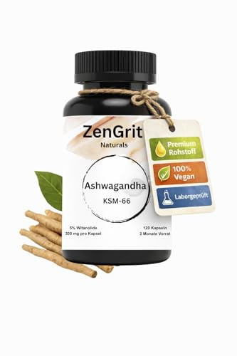 Ashwagandha KSM-66® 600 mg hochdosiert, 120 Kapseln, 5% Withanolide, vegan, ohne Zusatzstoffe, geprüft in Deutschland, adaptogenes Nahrungsergänzungsmittel