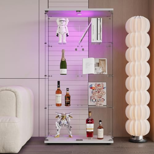 Zorvani Vitrin med LED, härdat glasskäp, 4 glashyllor, 2 dörar och lås, skäp för garderob, för vardagsrum, kontor, samlarobjekt (vit + LED 1)