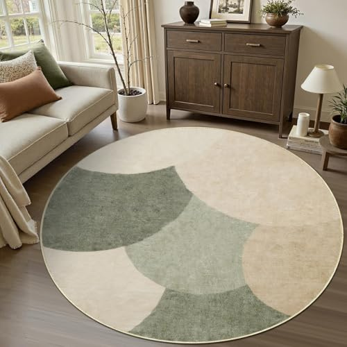 Zhaotingrui Runder Teppich 160cm Grün Beige Modern, Halbkreis Muster Flauschig Kurzflor, Antirutsch Wohnzimmer Teppich Waschbar Weich Kuschel