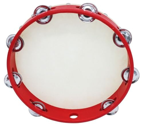 Tamburin-Handtrommel mit Metallglocke, rundes Musikinstrument für Musik, Klassenzimmer, Tanz, Party, Kirche, Spiel-Requisiten (10,2 cm, roter einreihiger Klingelton)