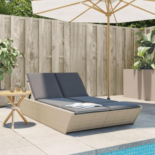 Mandloder Doppel-Sonnenliege mit Auflagen Beige Poly Rattan, verstellbare Relaxliege für Garten Terrasse, UV-beständiges Outdoor Möbel, 118x200cm Strandliege Chaiselongue