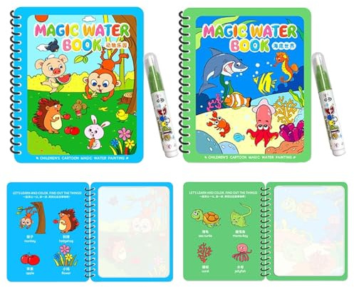 Nurila 2 Stück Wassermalbuch, Malbuch Kinder ab 2 mit Wasserstiften | Malbuch mit 2 Wasserstiften, Wasseraktiviertes Malbuch für Reisen und Geburtstag