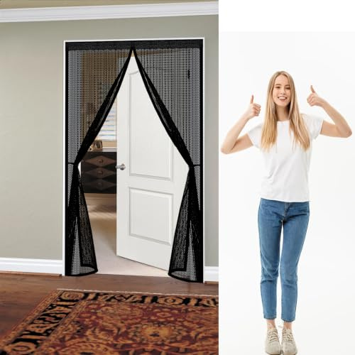 Cortina Mosquitera 77 x 210 cm Transpirables Antimosquitos, Sin Taladros, Magnético Automático, Con Velcra, Mosquitera Magnética para Ventanas para Pasillos Balcn Puertas, Negro
