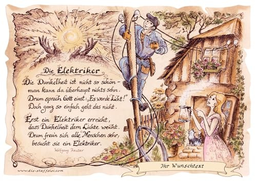 Die Staffelei Geschenk Elektriker A4 (29,7cm x 21cm) mit Wunschtext | Witziges Gedicht mit liebevoller Zeichnung auf hochwertigem Papier/besondere Geschenkidee
