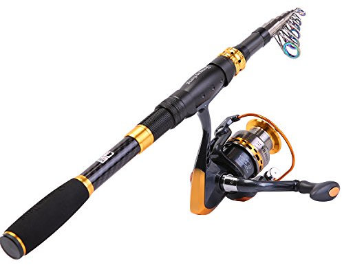 Sougayilang Angelruten-Spule Combos Kohlefaser Teleskop-Angelrute mit Spinnrolle für Reisen in Salzwasser und Süßwasser, 1,8 m