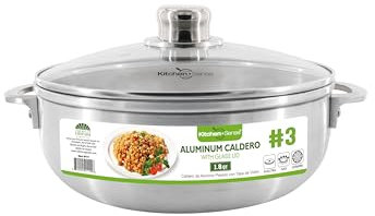 Kitchen Sense Polished Aluminum Caldero Dutch Oven Cauldron with Glass Lid, and Stainless Steel Knobs