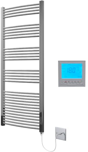 Greened House Chrome Electric Heated Towel Rail 500mm W x 1800mm H + Timer | Curved Design, Includes 7 Day Timer/Thermostat, Bathroom, Towel Warmer