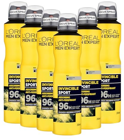 L'Oréal Mens Deodrant, Men Expert 96H Invincible Sport Anti-Perspirant Spray Bulk Pack, Ultra-Powerful Sweat Protection with Fresh Aromatic Woody Scent, Alcohol-Free, 250ml (Pack of 6)