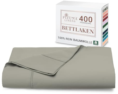 Pizuna Bettlaken 180x280 cm Baumwolle Silber 400 Fadenzahl | 100% Langstapel Baumwolle Bettlaken ohne Gummizug, Satinbindung Flachlaken Mit stilvollem 5 cm Saum Mako Satin