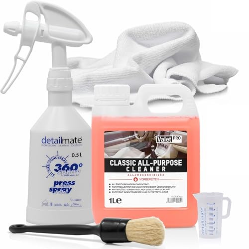 detailmate Autopflege Set - Allzweckreiniger Konzentrat Kunststoff Polster - ValetPRO Classic All Purpose Cleaner 1L + weicher Pinsel + Kwazar Sprühflasche + Innenraum Mikrofasertuch + Messbecher
