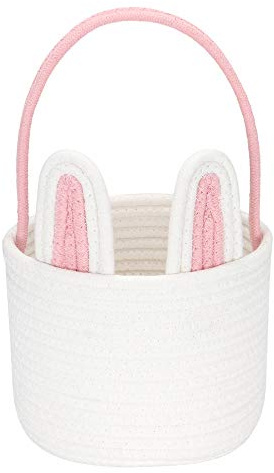 Sea Team Easter Bunny Basket for Eggs Hunt, Easter Eggs Bucket, Small Woven Cotton Rope Tote Bag with Rabbit Ears & Fluffy Tail for Kids, Easter Days Decoration, Party, Holidays, Pink