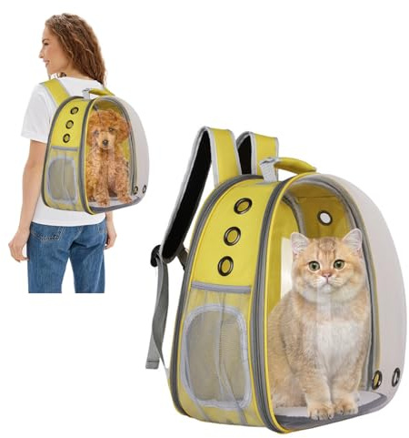 PETCUTE Kattryggsäck, kattkapsel bärryggsäck, transparent husdjur bubbelbärare frontpaket med 9 ventilationshål andas, för katt hund utomhusvandring och resor gul