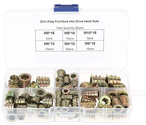 80 Pieces Hex Socket Ecrou, M4/M5/M6/M8/M10 Ecrous à Insérer Hexagonaux Filetés en Alliage de Zinc pour Bois