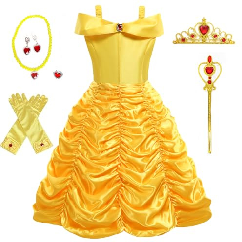 Foierp Vestido de Princesa Bella - Niñas Disfraz Capas Fuera Del Hombro Vestidos para Fiesta de Cumpleaños Halloween Cosplay Vestido