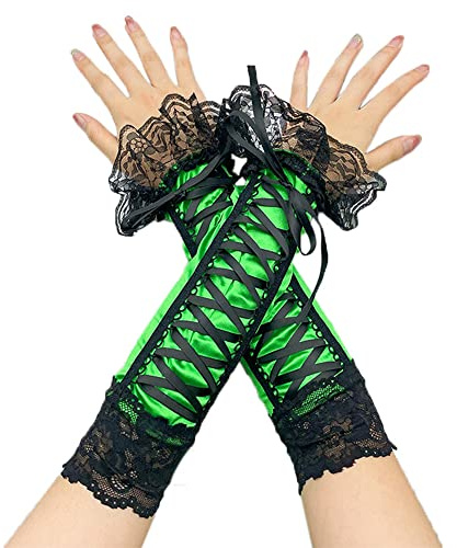 Fingerlose Handschuhe für Damen, Steampunk-Spitze, Gothic-Ellenbogen, Satin, zum Binden, Halloween, Cosplay, Abschlussball, Vintage, Grün , Einheitsgröße